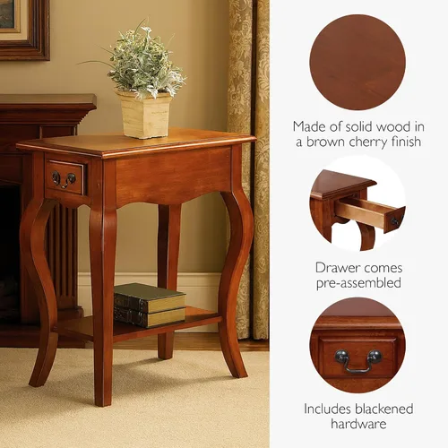 Vista 6 de Leick Home 9018-BR - Mesa auxiliar de patas de cabriole francés con un cajón, con estante, color marrón cereza