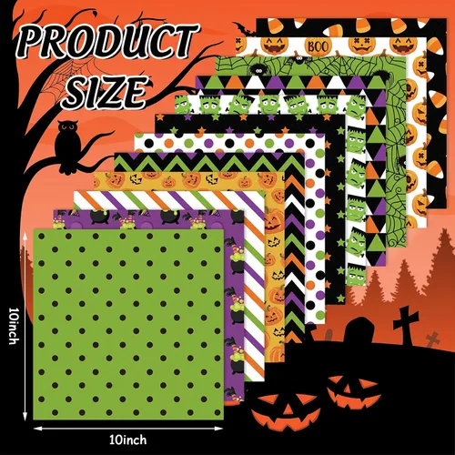 Vista 2 de Whaline 12 paquetes de tela de algodón de Halloween de 10 x 10 pulgadas, tela de monstruo de calabaza, telas de costura coloridas para decoración