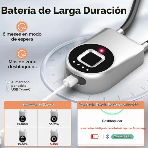 Vista 6 de eLinkSmart - Cerradura de cable de huellas dactilares, cerraduras para nevera con control de aplicación Bluetooth, candado inteligente biométrico