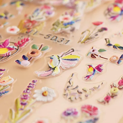 Vista 3 de Calcomanías de uñas bronceadas en relieve 5D, 3 hojas de flores de primavera, hierba, pájaro, calcomanías de arte de uñas, accesorios de uñas