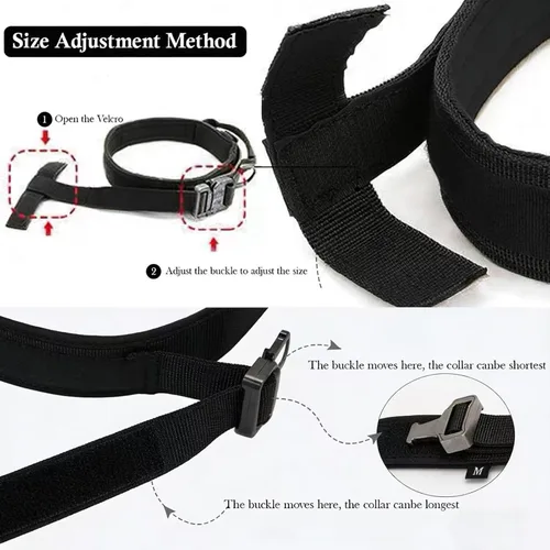 Vista 4 de Collar táctico para perro, ajustable, militar, de nailon, con asa de control y hebilla de metal resistente para perros medianos y grandes (negro, S)