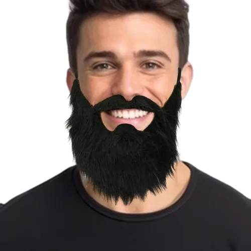 Vista 3 de AQWAL Barba falsa para fiesta, divertida barba falsa en la espalda, pelo facial bigote, barba falsa de cabello negro, peluca de bigote de barba