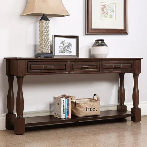 Vista 15 de JIVOIT Mesa consola rústica y elegante, mesa de consola rectangular de madera con cajones de almacenamiento y estante inferior para entrada Blanco