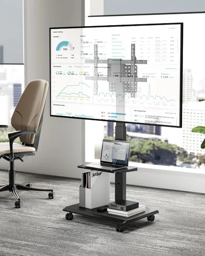 Vista 9 de Soporte de TV rodante con base de acero para televisores de 37 a 86 pulgadas hasta 50 kg, soporte móvil para TV con rotación, inclinación y giro
