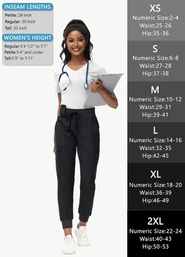 Vista 7 de Pantalones médicos de cintura alta para mujer, 8 bolsillos, cintura cónica, puños acanalados en los tobillos