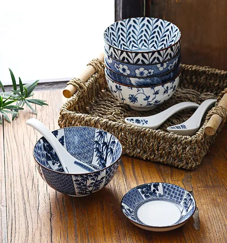 Vista 3 de Gegong Paquete de 6 cuencos de cerámica, cuencos de arroz de estilo japonés, cuencos de porcelana azul y blanca de 10 onzas, cuencos de cereales