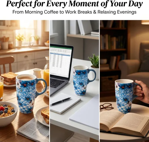 Vista 3 de DUSVALLY Taza de Café Alta de Cerámica, Juego de Tazas de Café para Amigos, Taza de Viaje con Tapa para Oficina y Hogar, Regalos Únicos para Mujeres