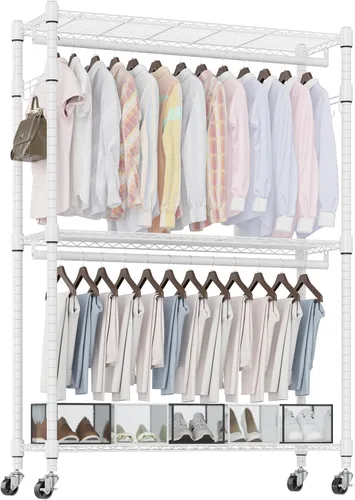 Vista 12 de Homdox Estante para ropa resistente con 3 estantes ajustables de alambre, estantes para ropa para colgar, estante de ropa de doble barra, armario