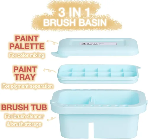 Vista 2 de SEVENY Limpiador de pinceles, soporte y organizador con paleta, azul Bandejas y Enjuagador Incluido, Para Pintura Acrílica, Para Pinturas De