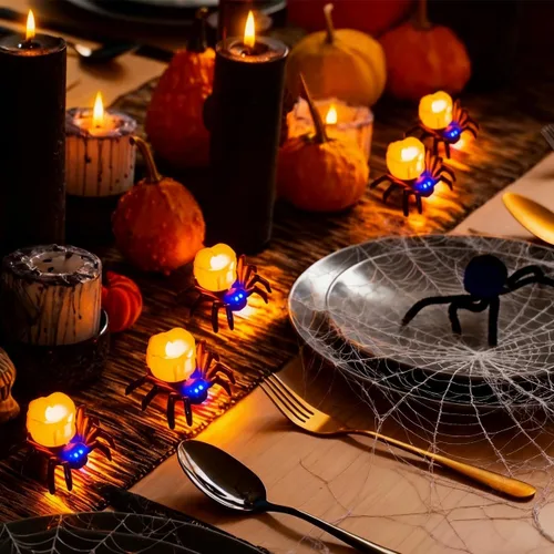 Vista 5 de Paquete de 6 velas LED sin llama de Halloween, velas LED de araña 3D con luz amarilla y morada cálida brillante, funciona con pilas, luces LED
