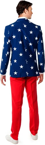 Vista 2 de OppoSuits Traje de bandera estadounidense para hombre, traje de Estados Unidos para el 4 de julio con chaqueta roja, blanca y azul, pantalones