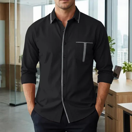 Vista 3 de Camisas de manga larga de algodón vintage para hombre, estilo casual, con botones, cuello en contraste