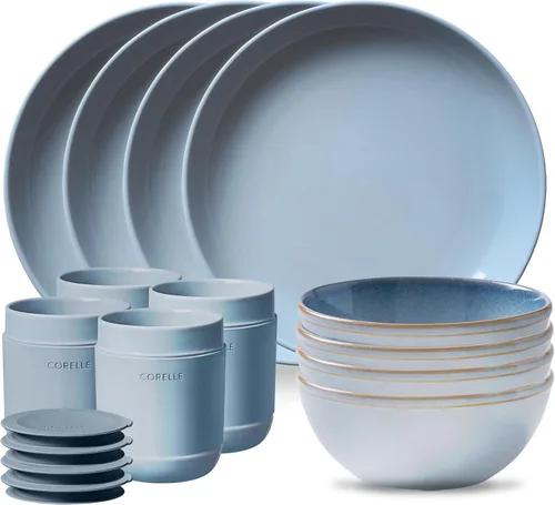 Vista 11 de Corelle Juego de vajilla de gres, platos y cuencos de cerámica esmaltada sólida y reactiva hecha a mano, platos redondos de estilo rústico moderno