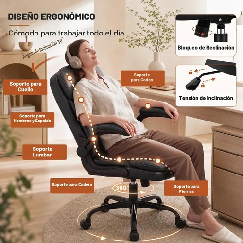 Vista 5 de Silla de oficina de cuero, silla de escritorio para computadora Negro