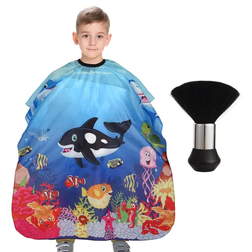 Vista 16 de Capa de peluquería para niños con cepillo para el cuello, capa profesional de corte de pelo con cierre a presión ajustable