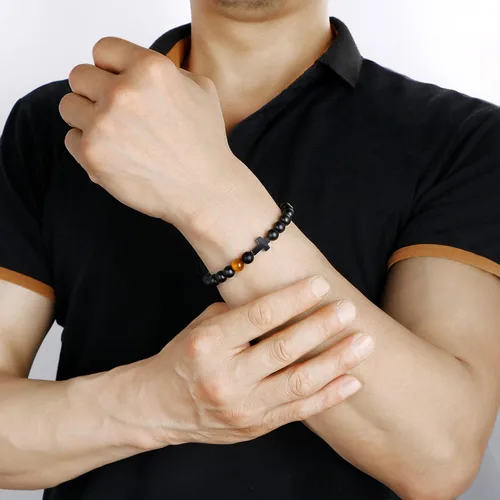 Vista 3 de Pulsera de cruz para hombres, para papá, hijo, nieto, marido, padrino, tío sobrino, hermano, regalo inspirador de ojo de tigre, pulsera curativa