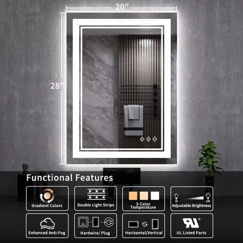 Vista 2 de Espejo LED para baño de 20 x 28 pulgadas con frente degradado y luz LED, espejo retroiluminado para baño, 3 colores, CRI > 90, espejo de baño
