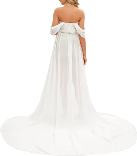 Vista 5 de ZIUMUDY Vestido largo de gasa de maternidad para sesión de fotos, fotografía con hombros descubiertos, vestido de gasa transparente envuelto