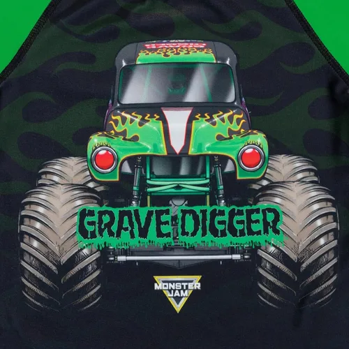 Vista 5 de Monster Jam Megalodon El Toro Loco Grave Digger - Conjunto de traje de baño y protector de erupción para niños pequeños