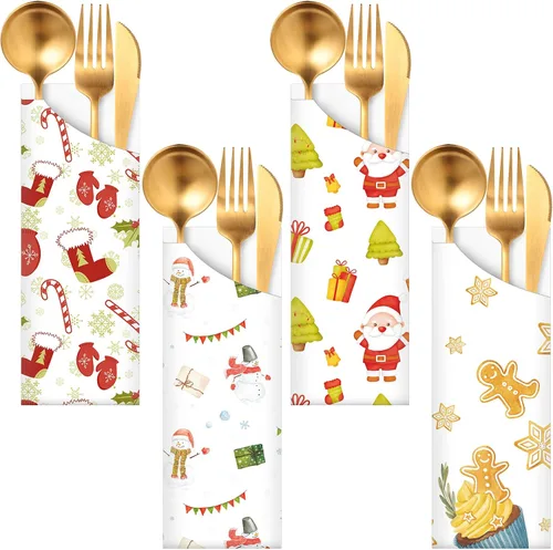 Vista 8 de Roowest 100 bolsas de cubiertos de Navidad desechables, soporte para cubiertos de papel de Navidad, bolsas para Navidad, hogar, boda, fiesta