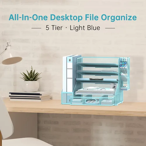 Vista 2 de SUPEASY Organizador de escritorio con soporte para archivos, organizador de bandeja de papel de malla de 5 niveles con soporte para bolígrafo y Azul
