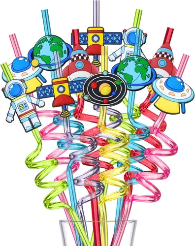 Vista 5 de Pajitas para el espacio exterior, regalos de fiesta temática de cumpleaños con 2 cepillos de limpieza, accesorios de planeta satélite de astronauta