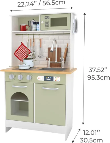 Vista 6 de Teamson Kids Little Chef Juego de cocina de madera – Cocina de simulación verde y blanco para niños con perillas interactivas, puertas y ganchos