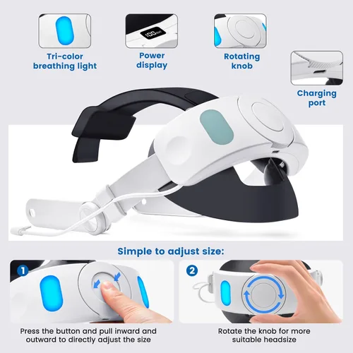 Vista 3 de Lampelc Head Strap Accessories for OculusMeta Quest 3, 6000mah Battery Pack Elite Strap with LED Display, RGB Lights, Headset Strap Replacement for