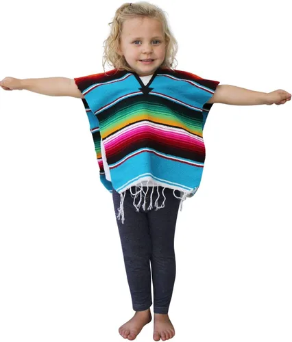 Vista 6 de Del Mex Poncho de Serape Mexicano para Niños y Niñas, Disfraz para Edades 2-14 Negro
