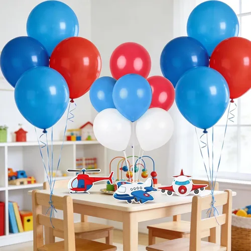 Vista 8 de 6 piezas de decoración de fiesta de cumpleaños de avión, kit de soporte de globos de avión 3D, centro de mesa de globos de avión para mesas