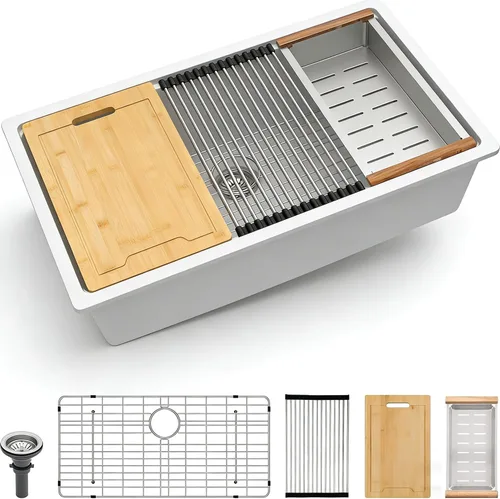 Vista 20 de Lordear Fregadero de Bar Empotrado de Granito Compuesto de 18 Pulgadas 18"x18" Fregaderos de Cocina de Cuarzo Compuesto Negro de Un Solo Tazón Bajo