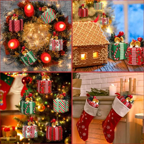 Vista 7 de Panelee 12 Piezas Cajas de Regalo de Árbol de Navidad Adornos Mini Adornos Rojos y Verdes Paquetes Envueltos de Navidad con Campana Bayas Rojas
