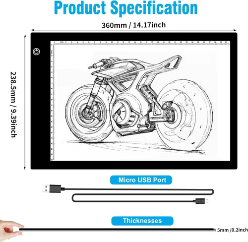 Vista 5 de Almohadilla de luz LED A4 para trazar, tablero de luz de dibujo de brillo ajustable para pintura de diamante, desmalezado de vinilo, bocetos