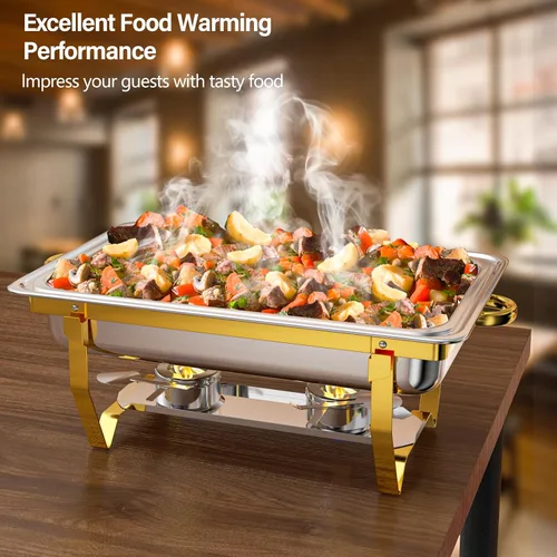Vista 2 de Juego de 2 Platos de Roce de 8 Qt para Buffet, Juego de Chafer para Catering de Acero Inoxidable de Tamaño Completo Dorado, Rectangular