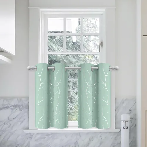Vista 2 de BUHUA Cortinas pequeñas para ventana de 36 pulgadas de largo, 2 paneles, cortinas opacas con elegantes ramas de árbol plateadas, cortinas de bloqueo