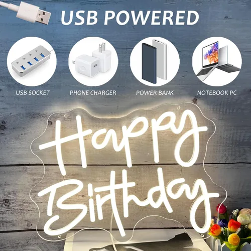 Vista 4 de Letrero de neón de feliz cumpleaños, blanco cálido, alimentación USB