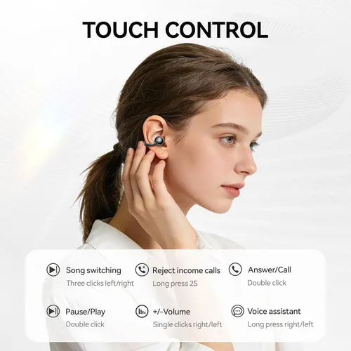 Vista 6 de Auriculares con clip abiertos con Bluetooth 5.4, reproducción de 48 horas, IPX6 impermeable, control táctil, cómodos para entrenamientos y uso Blcak