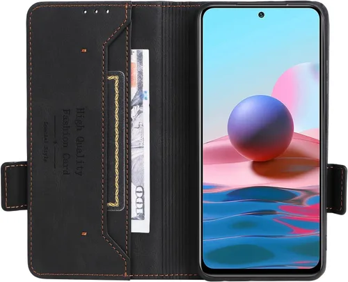 Vista 2 de Compatible con Xiaomi Redmi Note 10 4G/Note 10S, cubierta trasera magnética con tapa plegable de cuero con ranura para tarjetero Negro