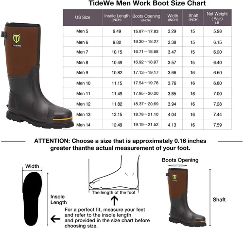 Vista 6 de TideWe - Bota de trabajo de goma para hombre con punta y caña de acero, resistente al agua, antideslizante, bota de caza de neopreno de 0.236in