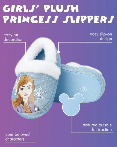 Vista 2 de Disney Girls' Frozen Slippers - Plush Fuzzy Elsa and Anna Slippers with Non-Skid Soles (ToddlerLittle Kid)