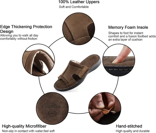 Vista 3 de TIESTRA Sandalias de cuero para hombre, cómodas, ligeras, informales, de verano, para la playa, para interiores y exteriores, sandalias deslizantes