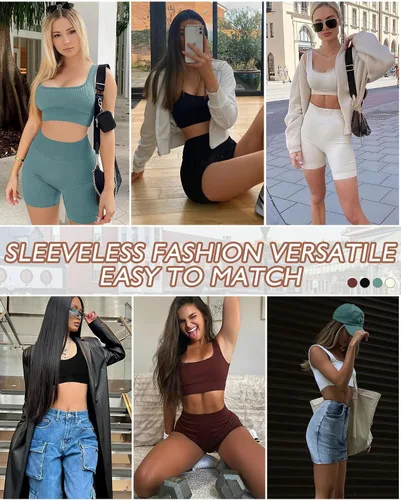 Vista 6 de AURUZA Conjunto de traje de entrenamiento para mujer, 2 piezas, leggings de cintura alta acanalados sin costuras con brasier deportivo, conjuntos