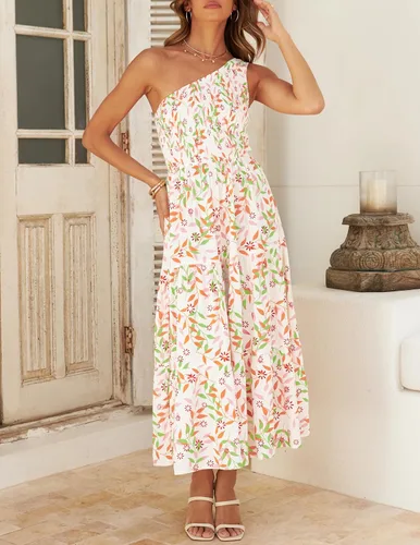 Vista 4 de ZESICA Vestido largo midi de verano bohemio con estampado floral de un hombro, sin mangas, fruncido con volantes, escalonado, para playa