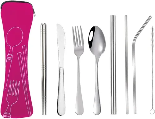 Vista 7 de Hoshen Cuchillo de acero inoxidable, tenedor, cuchara, palillos, vajilla de paja, juego de ocho piezas de vajilla occidental, cuchillo y tenedor