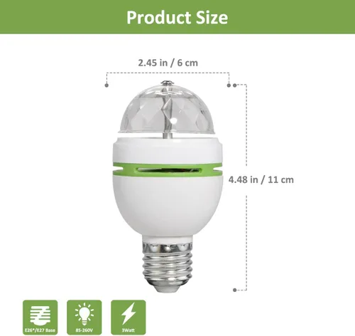 Vista 7 de Bombilla LED de bola, 3W E27, RGB, cristal giratorio, luz de escenario, con rotación automática por voz (1 unidad)