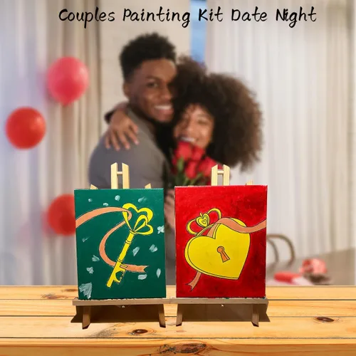 Vista 6 de VALLSIP Paquete de 2 Kit de Pintura y Bebida con Lienzo Pre-dibujado para Pintar para Adultos Lienzo Estirado Juegos de Parejas Noche de Cita