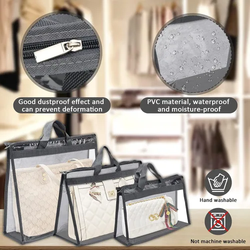 Vista 4 de 12 bolsas para el polvo para bolsos, bolsas de almacenamiento transparentes para mujeres, 3 tamaños, organizador de bolso, funda organizadora