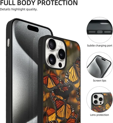 Vista 4 de Monarch - Funda con estampado de mariposas para iPhone 15 Pro, vidrio suave a prueba de golpes, TPU para iPhone 15 Pro de 6.1 pulgadas, no se pone