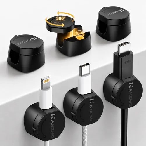 Vista 8 de Kanemc Clips de cable para escritorio, organizador magnético de alambre giratorio de 360°, gestión de cables autoadhesivos para escritorios