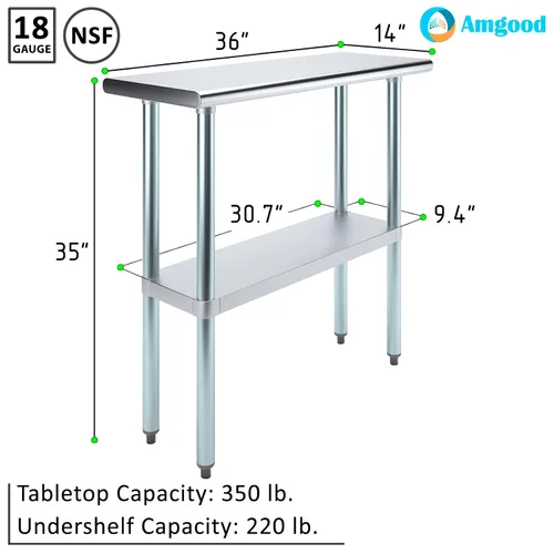 Vista 3 de MESA DE TRABAJO ALIMENTOS PREP MESA DE TRABAJO RESTAURANTE SUMINISTRO ACERO INOXIDABLE 14" X 36